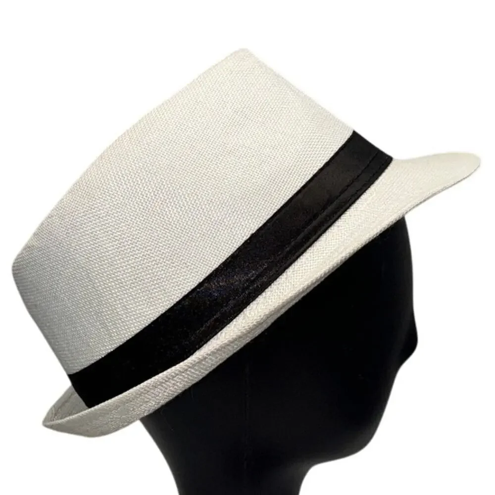 White Trilby Fedora Hat 22" Panama Style 1920s Inspired Black Band Polyester - Picture 2 of 7